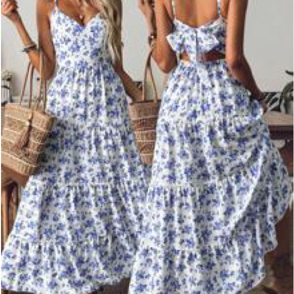 Floral Maxi Dress with Blue and White Pattern - Picture 1 of 4
